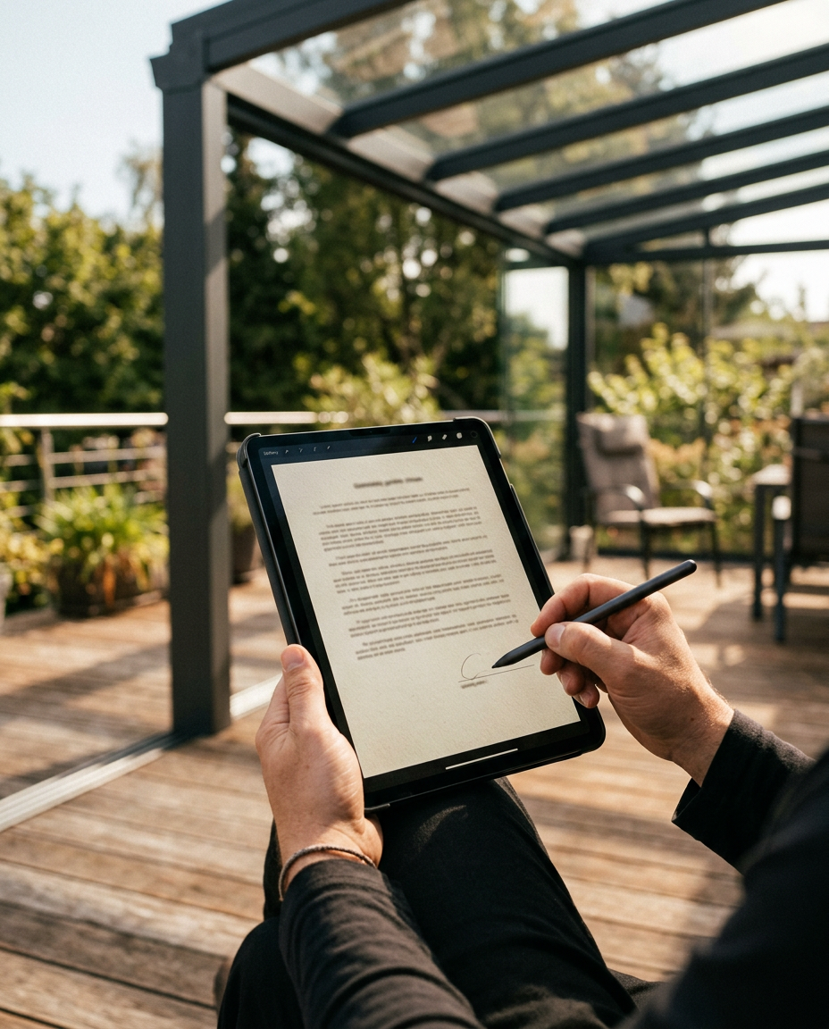 Un devis affiché sur une tablette, près d'une véranda neuve, avec la ligne de signature encore vide